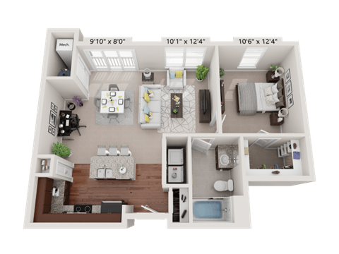 Floor plan for 1 bed, 1 bath, 795 sqft